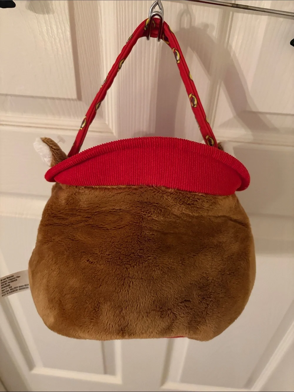 Kids Plush Buc-ee’s Animal bucket- Brown & White with Red Handle. 6” x 12”